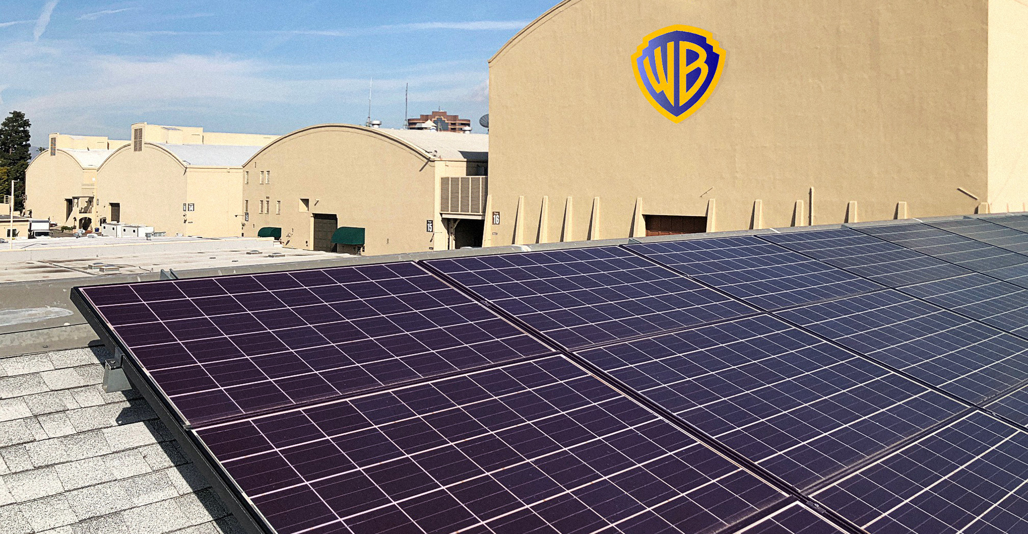 Photo of solar panels on the roof of a Warner Bros. Discovery studio location